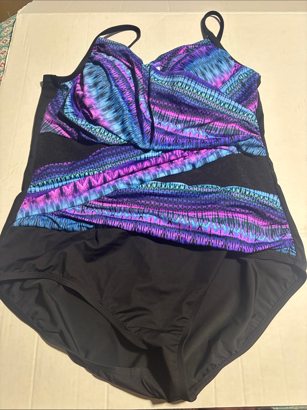 Black One-Piece padded Swimsuit with Blue & Purple Print